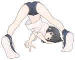  1girl 1ssakawaguchi ass black_hair blue_eyes blue_footwear blue_shorts blunt_bangs blush bob_cut closed_mouth clothes_lift commentary denim denim_shorts foreshortening from_behind full_body hand_on_ground hand_to_head head_on_ground heel_up highres jack-o&#039;_challenge light_blush looking_at_viewer looking_back loose_hair_strand midriff navel ok_sign original pursed_lips shirt shirt_lift shoes short_hair short_shorts short_sleeves shorts sneakers solo spread_legs symbol-only_commentary t-shirt top-down_bottom-up two-tone_footwear white_footwear white_shirt 