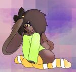  2023 accessory anthro big_ears brown_body brown_fur brown_hair butt clothing dappoyo_(skydev) fur green_clothing hair hair_accessory hi_res lagomorph legwear leporid male mammal scut_tail short_tail simple_background skydev solo tail thigh_highs yellow_eyes 