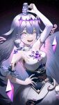  1girl absurdres chest_jewel crown crying crystal detached_collar detached_sleeves dress gem grey_hair hand_on_own_hip highres hololive hololive_english jewel_under_eye koseki_bijou long_hair looking_at_viewer moai object_on_head open_mouth pungson_mori purple_eyes purple_gemstone single_detached_sleeve smile solo strapless strapless_dress virtual_youtuber white_bridal_gauntlets white_dress 