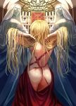  1girl absurdres adjusting_hair architecture arms_behind_head ass back blanket blonde_hair candle church from_behind haido_(unisan) highres injury long_hair original scar scratches skylight solo statue symbolism 