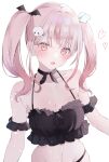  1girl amachi_renka blush breasts cleavage commentary commission hair_ornament heart highres indie_virtual_youtuber mole mole_under_eye open_mouth pink_eyes pink_hair skeb_commission skull_hair_ornament solo twintails wing_hair_ornament yomogi_mogu 