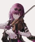  1girl absurdres breasts commentary_request eyewear_on_head gloves grey_background highres holding holding_instrument honkai:_star_rail honkai_(series) instrument kafka_(honkai:_star_rail) large_breasts long_hair long_sleeves mayo_9_5 music playing_instrument purple_eyes purple_gloves purple_hair shirt solo sunglasses upper_body violin white_shirt 