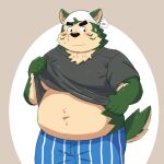  2023 anthro black_nose blush canid canine canis clothed clothing clothing_lift domestic_dog green_body hi_res kemono lifewonders live_a_hero male mammal mokdai overweight overweight_male shirt shirt_lift simple_background solo topwear underwear yaki_atsuage 