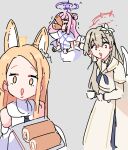  3girls absurdres angel_wings animal_ears blue_archive cake cup dress english_commentary flower food food_in_mouth forehead fox_ears funaya_(a2brasd) hair_bun hair_flower hair_ornament halo highres long_hair long_sleeves looking_at_viewer low_wings meme mika_(blue_archive) multiple_girls nagisa_(blue_archive) pointing pointing_at_another seia_(blue_archive) single_side_bun swiss_roll tea_party_(blue_archive) teacup two_soyjaks_pointing_(meme) white_wings wings yellow_eyes yellow_halo 
