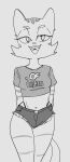  2023 alternate_costume anthro big_eyes biped bottomwear cheek_tuft clothed clothed_anthro clothed_female clothing crop_top dbaru digital_drawing_(artwork) digital_media_(artwork) domestic_cat english_text eyebrows eyelashes facial_markings facial_tuft fangs felid feline felis female female_anthro fran_(litterbox_comics) front_view fully_clothed fully_clothed_anthro fully_clothed_female fur fur_tuft grey_text greyscale half-closed_eyes hands_behind_back head_markings hi_res hotpants iris legs_together litterbox_comics logo looking_at_viewer mammal markings mature_anthro mature_female midriff monochrome narrowed_eyes navel no_pupils onlyfans open_mouth open_smile portrait prick_ears print_clothing print_crop_top print_shirt print_topwear shirt shorts sketch small_nose smile smiling_at_viewer solo standing straight_legs striped_arms striped_body striped_face striped_fur striped_legs striped_thighs stripes tabby_cat tail teeth text text_on_clothing text_on_crop_top text_on_shirt text_on_topwear thick_thighs thong three-quarter_portrait tongue topwear tuft underwear webcomic 