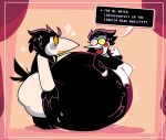  absurd_res anthro avian belly big_belly bird black_body black_clothing black_coat black_feathers black_topwear bodily_fluids bottomwear clothing coat corvid deltarune dialogue duo english_text eyewear feathers hi_res holding_belly male oscine overweight pants passerine pawplants sitting_on_belly spamton_g._spamton sunglasses swatch_(deltarune) sweat sweatdrop text topwear undertale_(series) weight_gain white_bottomwear white_clothing white_pants 