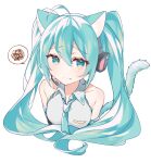  1girl :| ahoge animal_ears aqua_eyes aqua_hair armpit_crease arms_at_sides bare_shoulders blush breasts cat_ears cat_girl cat_tail closed_mouth collarbone collared_shirt cropped_torso drawing_kanon fang frilled_shirt frills hair_between_eyes hatsune_miku headset highres kemonomimi_mode long_hair looking_at_viewer microphone raised_eyebrows shirt sidelocks simple_background sleeveless sleeveless_shirt small_breasts solo spoken_squiggle squiggle tail twintails vocaloid white_background white_shirt 