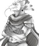 absurd_res anthro cape clothing crossed_arms half-length_portrait hi_res kuttoyaki looking_up male monochrome mouth_closed narrowed_eyes piercing portrait simple_background sketch solo species_request standing 