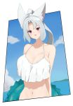  1girl animal_ears blue_sky bra breasts cloud fox_ears frilled_bra frills hair_intakes high_ponytail highres innertube large_breasts long_hair looking_at_viewer ocean parted_bangs purple_eyes sidelocks sky solo_focus touhoku_itako triangle_mouth underwear voiceroid white_background white_hair yakata_tata 