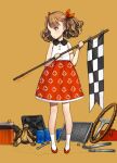 1girl bare_shoulders blush brown_background brown_eyes brown_hair commentary_request dress flag full_body hair_ribbon holding holding_flag medium_hair original oyari_ashito parted_lips print_dress red_ribbon ribbon simple_background sleeveless sleeveless_dress solo steering_wheel toolbox turtle wavy_hair wrench 