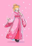  1girl alternate_costume blonde_hair closed_eyes earrings footwear_request full_body hair_ornament highres japanese_clothes jewelry kimono mario_(series) medium_hair pink_background pink_kimono princess_peach saiwo_(saiwoproject) simple_background solo sphere_earrings 