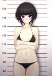  1girl absurdres bikini black_bikini black_hair blunt_bangs blush closed_mouth collarbone commentary_request commission cowboy_shot crossed_arms expressionless height_chart height_mark highres idolmaster idolmaster_cinderella_girls looking_at_viewer mugshot navel purple_eyes shirayuki_chiyo short_hair skeb_commission solo standing stomach swimsuit taiyou-n 