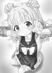  1girl :d absurdres ao_daidai_ki assault_lily bangs belt belt_buckle blunt_bangs blush bow bowtie breasts buckle claw_pose collarbone commentary double_bun foreshortening frilled_skirt frills from_above gradient_background grey_background greyscale grin hair_bow hair_bun hands_up highres jacket kanba_girls_high_school_uniform long_hair long_sleeves looking_at_viewer looking_up medium_breasts miniskirt monochrome open_clothes open_jacket sailor_collar school_uniform scrunchie seiza serafuku shirt sitting skirt smile solo tanba_akari thighhighs white_background wrist_scrunchie 