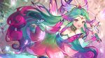  1girl absurdres blue_eyes bug butterfly butterfly_wings dress earrings eyeshadow gradient_dress gradient_hair green_hair highres ichisaku jewelry league_of_legends long_hair makeup multicolored_hair pink_eyeshadow pink_hair seraphine_(league_of_legends) solo staff strapless strapless_dress teeth upper_teeth_only very_long_hair wings 