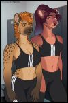  2023 5_fingers abs adidas anthro aroused athletic athletic_anthro athletic_female big_breasts blue_eyes blue_hair blush bottomwear bra braided_hair breasts brown_body brown_eyes brown_fur brown_hair claws clothing digital_drawing_(artwork) digital_media_(artwork) duo ear_piercing ear_ring eyebrows facial_piercing felid feline female fingers fur hair hi_res hyena industrial_piercing inner_ear_fluff jasira_van_der_merwe lion locker locker_room long_hair looking_at_another mammal markings meme meme_clothing multicolored_body multicolored_fur multicolored_hair navel nose_piercing nose_ring pantherine pants piercing red_hair ring_piercing septum_piercing septum_ring sports_bra sports_bra_difference_meme spots spotted_body spotted_fur spotted_hyena thalislixeon thick_thighs topwear track_pants tuft two_tone_hair underwear vanessa_van_der_merwe wide_hips yoga_pants 