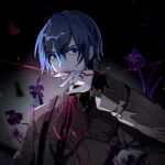  1boy 25-ji_kaito 25-ji_nightcord_de._(project_sekai) blue_eyes blue_hair dark flower frilled_shirt frills grey_shirt hand_up highres kaito_(vocaloid) linch long_sleeves looking_at_viewer male_focus nail_polish petals project_sekai ribbon shirt short_hair solo string string_of_fate string_on_pinky suspenders vocaloid wilted_flower 