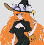  1girl black_capelet black_dress blush breasts capelet cowboy_shot dress freckles green_eyes hat holding holding_wand ishmael_(limbus_company) jack-o&#039;-lantern limbus_company long_hair looking_at_viewer medium_breasts moth_ram open_mouth orange_hair project_moon sidelocks simple_background solo strapless strapless_dress very_long_hair wand white_background witch_hat 