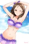  1girl armpits arms_up artist_name ayase_honoka bikini blush breasts brown_eyes brown_hair cleavage cloud cloudy_sky collarbone dot_nose flower front-tie_bikini_top front-tie_top hair_flower hair_ornament highres idolmaster idolmaster_cinderella_girls idolmaster_cinderella_girls_starlight_stage kisuna long_hair looking_at_viewer medium_breasts navel parted_lips purple_bikini sky solo sweat swimsuit 