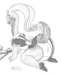  2013 all_fours anthro big_butt bow_ribbon butt clothing container cup furgonomics generation_6_pokemon goodra graphite_(artwork) hi_res huge_butt limpurtikles looking_back maid_uniform nintendo panties panty_shot pencil_(artwork) pokemon pokemon_(species) pumps solo tail tea_cup traditional_media_(artwork) tray underwear uniform 