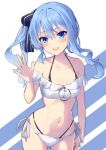  1girl absurdres bikini blue_eyes blue_hair blue_ribbon blush collarbone commentary_request cowboy_shot hair_ribbon halterneck hand_up highres hololive hoshimachi_suisei kisara_mikami long_hair looking_at_viewer off-shoulder_bikini off_shoulder open_mouth ribbon side-tie_bikini_bottom simple_background smile solo standing swimsuit teeth upper_teeth_only virtual_youtuber white_bikini 