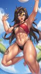  1girl :o abs absurdres armpits arms_up asymmetrical_clothes bare_arms bare_legs barefoot bikini black_bikini_bottom black_hair blonde_hair blue_eyes blurry blurry_background breasts cleavage criss-cross_halter crossed_bangs dark-skinned_female dark_skin dehya_(genshin_impact) genshin_impact hair_between_eyes hair_ears hair_intakes halterneck hands_up highres large_breasts leg_tattoo long_hair midair multicolored_hair muscular muscular_female navel obliques open_mouth outdoors palm_tree side-tie_bikini_bottom sky skylock solo stomach streaked_hair swimsuit tattoo thick_thighs thighs toes tree two-tone_hair water yellow_pupils 