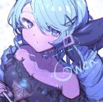  1girl bare_shoulders black_bow black_dress blush bow breasts character_name collarbone detached_sleeves dress green_hair gwen_(league_of_legends) hair_bow hair_ornament hairclip large_breasts league_of_legends long_hair monakan_japan solo white_background x_hair_ornament 