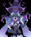  1girl absurdres angry aqua_hair bare_shoulders beamed_eighth_notes black_skirt black_sleeves colored_sclera commentary detached_sleeves eighth_note ghost_miku_(project_voltage) glitch gradient_hair grey_shirt hair_between_eyes hands_up hat hatsune_miku highres long_hair looking_at_viewer mirai_(3ra1_373) mismagius multicolored_hair music musical_note necktie open_mouth pale_skin pokemon pokemon_(creature) project_voltage purple_headwear quarter_note red_eyes see-through see-through_skirt shaded_face shirt singing skirt smile solo twintails v-shaped_eyebrows very_long_hair vocaloid white_hair white_necktie wide_sleeves will-o&#039;-the-wisp_(mythology) witch_hat yellow_eyes yellow_sclera 