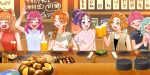  3girls :d ahoge aisaki_emiru alcohol beer beer_mug blush bright_pupils brown_hair brown_shirt camisole closed_eyes collar cup drinking_glass drunk earrings food frilled_collar frilled_sleeves frills green_hair hagoromo_lala hair_ornament hairclip highres holding holding_cup holding_food hoshina_hikaru hyuuga_saki index_finger_raised indoors izakaya jewelry kebab kibou_no_chikara_~otona_precure_&#039;23~ layered_clothes leaning_on_person long_hair looking_at_another medium_hair mishou_mai monster_rally mug multiple_girls natsuki_rin necklace non-web_source open_mouth orange_eyes orange_hair orange_shirt plate pointing ponytail potato precure purple_eyes purple_hair red_hair ribbed_shirt shirt short_hair shot_glass sleeveless sleeveless_shirt smile sparkle stitched sweatdrop turtleneck two_side_up v-shaped_eyes watch white_camisole white_pupils white_shirt wristwatch x_hair_ornament yumehara_nozomi 