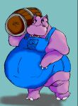  ambiguous_gender anthro barrel clothing common_hippopotamus danellz hippopotamid huge_belly huge_thighs mammal morbidly_obese morbidly_obese_ambiguous morbidly_obese_anthro obese obese_ambiguous obese_anthro open_mouth overalls overweight overweight_ambiguous overweight_anthro purple_body solo thick_thighs 