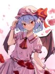  &gt;:) 1girl absurdres arm_up ascot bat_wings blue_hair blush bow brooch brown_wings closed_mouth collared_shirt commentary english_commentary frilled_shirt_collar frills gradient_background hair_between_eyes hat hat_bow highres jewelry mob_cap pink_background red_ascot red_bow red_eyes remilia_scarlet shirt skirt smile solo touhou v-shaped_eyebrows vanilla_flan white_background white_headwear white_shirt white_skirt wings wrist_cuffs 