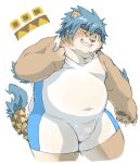  2023 absurd_res anthro belly big_belly blue_hair blush brown_body bulge felid hair hi_res humanoid_hands kemono lion male mammal navel one_eye_closed overweight overweight_male pantherine roostax_wilddog solo wink wrestling_singlet 