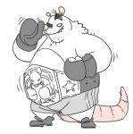  2023 anthro belly big_belly bottomwear boxing_gloves clothing handwear male mammal murid murine overweight overweight_male pink_nose rat rodent shorts simple_background solo unknown_artist white_background 