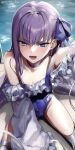  1girl blue_choker blue_eyes blue_one-piece_swimsuit blue_ribbon breasts choker cleavage collarbone covered_navel fate/grand_order fate_(series) glaring hair_ribbon kiya_hajime looking_at_viewer meltryllis_(fate) meltryllis_(swimsuit_lancer)_(fate) narrowed_eyes one-piece_swimsuit open_mouth pool pool_ladder poolside prosthesis prosthetic_leg purple_hair ribbon sleeves_past_fingers sleeves_past_wrists small_breasts solo swimsuit teeth very_long_sleeves 