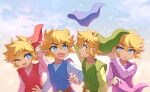  4boys :o ;d belt blonde_hair blue_eyes blue_headwear blue_shirt blue_tunic blush brown_belt cloud cloudy_sky commentary day english_commentary enni gradient_sky green_headwear green_shirt green_tunic hair_between_eyes hand_on_own_head hand_up hat hat_removed headwear_removed highres holding holding_clothes holding_hat link long_sleeves looking_at_another male_focus multiple_boys one_eye_closed open_mouth outdoors parted_bangs parted_lips pointy_ears purple_headwear purple_shirt purple_tunic red_headwear red_shirt red_tunic shirt short_hair sidelocks sky smile sweatdrop teeth the_legend_of_zelda the_legend_of_zelda:_four_swords tunic upper_teeth_only v-shaped_eyebrows wind 