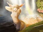  absurd_res anthro arasha_(the-minuscule-task) bathing bethesda_softworks blonde_hair breasts cute_fangs detailed_background felid female fog fur green_eyes hair hi_res khajiit looking_at_viewer mammal nature nipples nude open_mouth outside partially_submerged pupils rainbow slit_pupils smile solo standing_in_water tan_body tan_fur the-minuscule-task the_elder_scrolls waterfall 