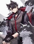  1boy acupofbread animal animal_ears black_gloves black_hair earrings english_commentary fingerless_gloves genshin_impact gloves hair_over_one_eye highres jewelry looking_at_viewer male_focus necktie red_necktie scar short_hair smile wolf wriothesley_(genshin_impact) 