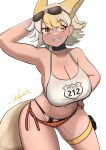  1girl animal_ear_fluff animal_ears bare_shoulders bikini blonde_hair breasts choker cleavage coyote_(kemono_friends) crop_top eyewear_on_head highres huge_breasts john_(a2556349) kemono_friends kemono_friends_v_project midriff multicolored_hair navel short_hair side-tie_bikini_bottom simple_background sleeveless smile solo stomach sunglasses swimsuit tail virtual_youtuber wolf_ears wolf_tail yellow_eyes 