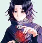  1boy black_hair feitan_portor flower furrowed_brow hands_up high_collar highres holding holding_flower hunter_x_hunter long_sleeves male_focus obentowasureta red_flower shengdoushi9 shirt short_hair skull_print solo spider_lily upper_body 