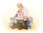  2boys affectionate beard blonde_hair blue_eyes book bush erwin&#039;s_father erwin_smith facial_hair father_and_son flower glasses holding holding_book maerwin21 male_focus multiple_boys pants shingeki_no_kyojin short_hair sitting sitting_on_lap sitting_on_person thick_eyebrows 