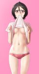  1girl absurdres black_hair bleach blush breasts clothes_in_mouth clothes_lift commission dated english_commentary hair_between_eyes highres kuchiki_rukia lifted_by_self looking_at_viewer mouth_hold navel no_bra panties pink_background pink_panties print_panties purple_eyes shirt shirt_in_mouth shirt_lift short_hair signature simple_background small_breasts solo underwear waligner white_shirt 