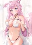  1girl animal_ears antenna_hair bikini black_choker blush braid braided_bun breasts chest_belt choker cleavage closed_mouth coat coat_partially_removed collarbone crown_braid hair_bun hakui_koyori highres hololive lab_coat large_breasts long_hair looking_at_viewer navel pink_hair pink_tail purple_eyes sahatarakau smile solo stomach swimsuit tail thighs virtual_youtuber white_bikini white_coat wolf_ears wolf_girl wolf_tail 