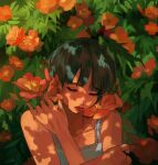 1girl absurdres bare_arms brown_hair bush camisole closed_mouth commentary_request day flower half-closed_eyes highres myango_(applemangocrape) orange_flower original outdoors red_lips short_hair solo upper_body white_camisole 