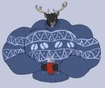  2019 anthro antlers big_muscles black_body black_nose blue_clothing brown_eyes clothing collar container cup deer digital_media_(artwork) grey_body hi_res holding_object horn huge_muscles hyper hyper_muscles looking_at_viewer male mammal muscular muscular_anthro muscular_male simple_background smile solo sonicgamer sweater topwear 