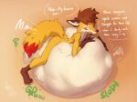  anthro belly big_belly canid canine digestion digestion_noises hi_res lunlunfox lunlunfox_(character) male mammal red_eyes same_size_vore solo struggling_prey text vore 