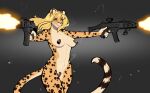  2023 5_fingers anthro areola areola_slip black_background black_spots blonde_hair blue_eyes breasts cheetah convenient_censorship exposure_variation felid feline female fingers firing_weapon fur gun hair holding_gun holding_object holding_weapon lena_fluffy_(character) mammal medium_breasts muzzle_flash ni70 nude ranged_weapon simple_background solo spent_casing spots spotted_body spotted_fur standing weapon yellow_body yellow_fur 