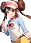  1girl baozi_9527 blue_eyes blush bow breasts brown_hair commentary_request double_bun doughnut_hair_bun eyelashes hair_bun hand_up highres open_mouth pink_bow pokemon pokemon_(game) pokemon_bw2 raglan_sleeves rosa_(pokemon) shirt shorts simple_background sleeves_past_elbows smile solo twintails visor_cap white_background yellow_shorts 