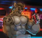  2023 abs anthro beverage blurred_background chin_piercing ear_piercing eyes_closed hi_res holding_beverage holding_object hyena male mammal muscular muscular_male nipples open_mouth piercing solo spotted_hyena vexedlupine 
