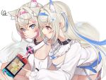  bandaid_hair_ornament black_collar blonde_hair blue_eyes blue_hair chain collar dog_girl fuwawa_abyssgard game_console hair_ornament hairband headphones headphones_around_neck hololive long_hair mococo_abyssgard multicolored_hair nail_polish nintendo_switch pink_eyes pink_hair shikinagi streaked_hair suika_game x_hair_ornament 