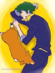  3:4 canid canine canis cowboy_bebop domestic_dog duo ein_(cowboy_bebop) eyes_closed formal green_hair hair herding_dog human male mammal mouth_closed pastoral_dog sleeping spike_spiegel welsh_corgi 