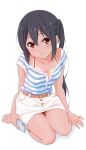  1girl barefoot belt black_hair blush brown_belt brown_eyes buttons cellphone closed_mouth collarbone commentary_request dresstrip full_body hair_between_eyes holding holding_phone k-on! long_hair looking_at_viewer nakano_azusa phone shirt short_sleeves sidelocks sitting skirt smartphone smile solo striped striped_shirt tan tanlines twintails white_skirt 